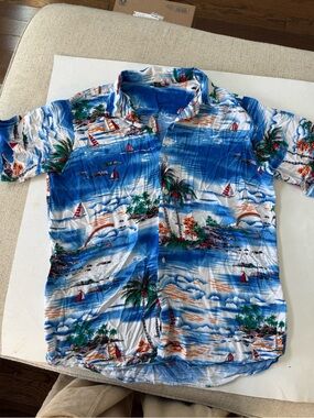 Design in Italy Men's Blue Tropical Print Casual Button-Down Shirt size large